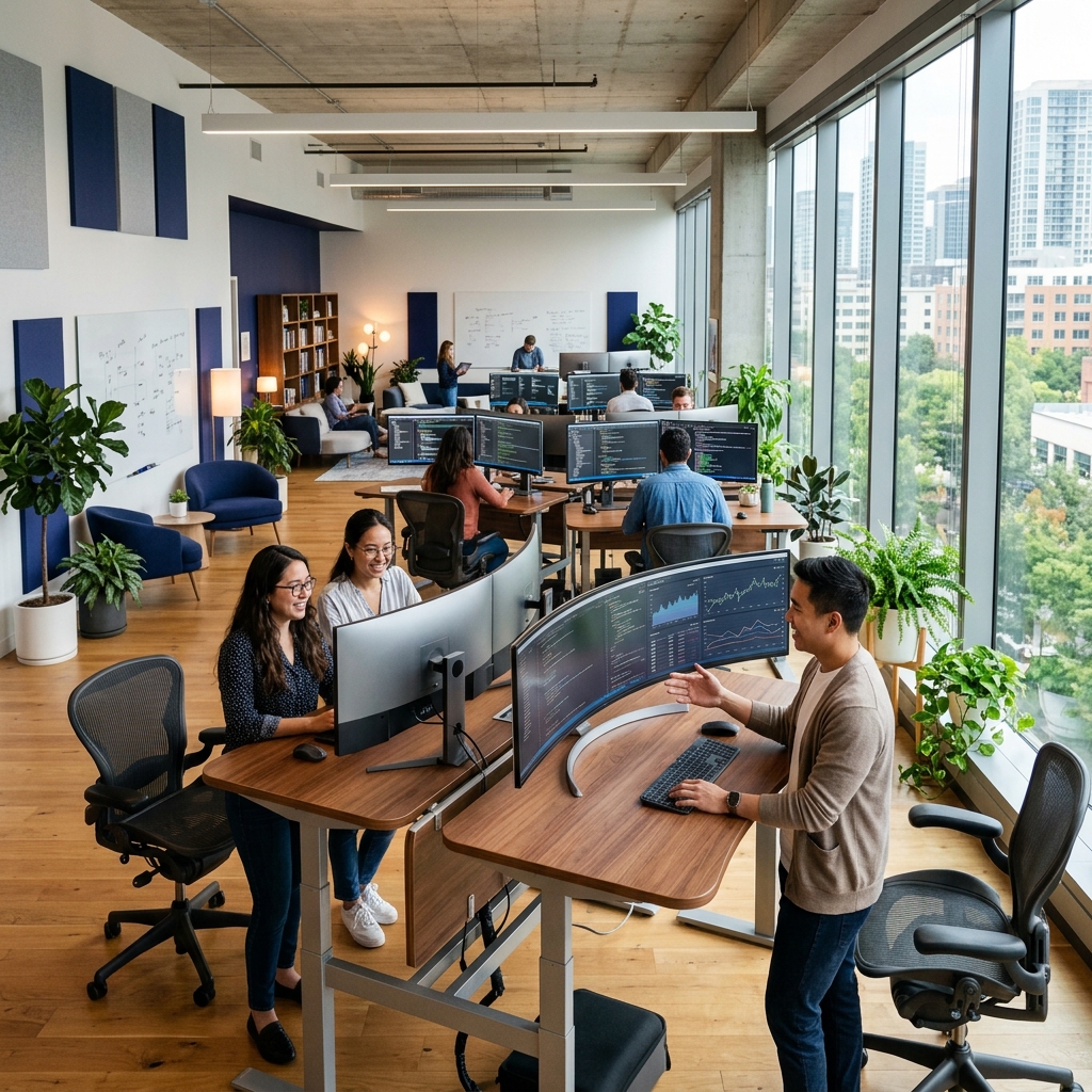The Learning With Data workspace â€” a modern high-tech office where courses are built and tested